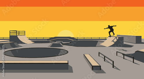 Skateboarder Performing Trick at Sunset Skatepark.