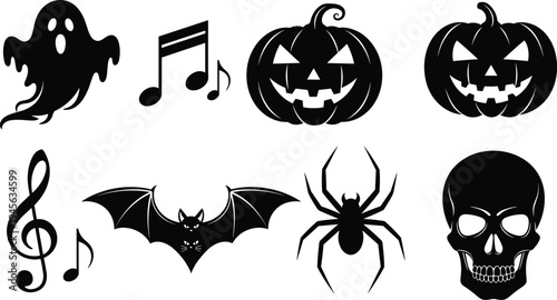 Halloween music icons silhouette, spooky ghost pumpkin vector, bat spider skull illustration, treble clef notes design, holiday celebration graphic, black eerie festive symbol art
