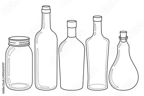 A Collection of Various Glass Bottles and a Jar in a Line