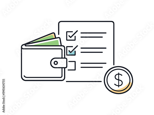 Smart financial budgeting and careful control of monthly household expenses for long term stability, a simple wallet beside a checklist and a single coin symbolizing organized budgeting