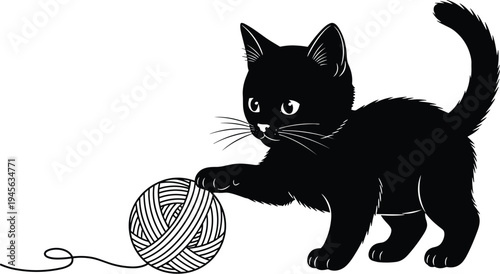 Playful kitten silhouette, cat with yarn ball vector, pet illustration design, feline curiosity graphic, animal icon art, blue black detailed outline cutout
