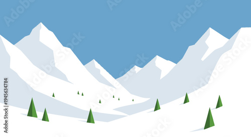 Snowy Mountains with Green Trees Illustration.