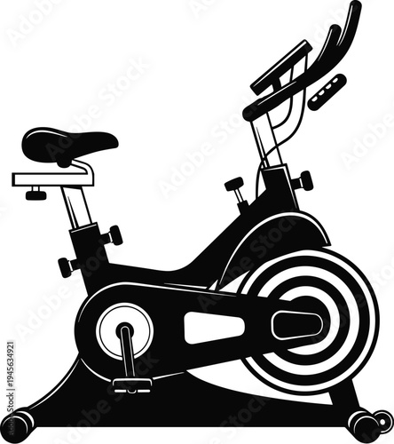 Stationary exercise bike silhouette illustration, fitness equipment icon, indoor cycling machine graphic design for workout, gym training, health, sport, cardio exercise artwork