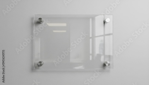 Blank Transparent Acrylic Sign Board Mounted on a White Wall With Metal Standoffs in a Modern Office Interior Ready for Custom Branding or Informational Display During Daytime