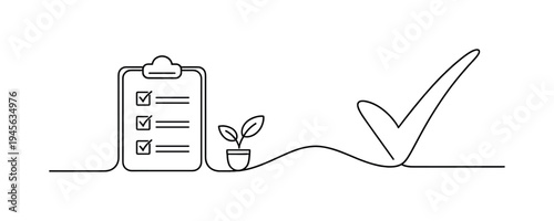 Checklist with plant and checkmark, symbolizing growth and task completion. A minimalist line drawing depicts a clipboard with a completed checklist, a small potted plant, and a