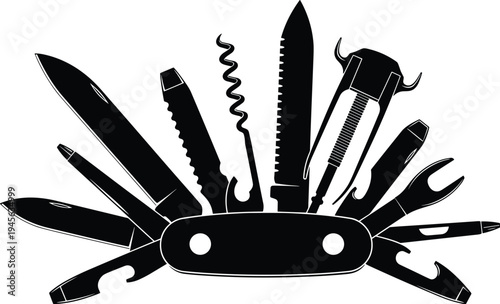 Swiss Army knife silhouette, multi‑tool vector illustration, utility blade corkscrew saw design, screwdriver wrench file icon, versatile pocket tool graphic, preparedness resourceful symbol art