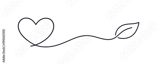 Heart and leaf connected by a single continuous line, symbolizing love for nature. A minimalist black line drawing features a heart seamlessly transitioning into a delicate leaf