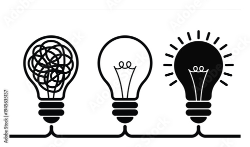 Three lightbulbs illustrating the process from confusion to clarity and illumination