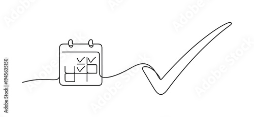Calendar with checkmarks and a large checkmark symbol, symbolizing completion and success. A minimalist single-line drawing depicts a calendar with several tasks marked as complete