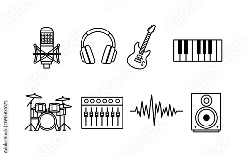 Music production studio: studio microphone, headphones, electric guitar, piano keyboard, drum kit, audio mixer console, sound waveform, studio monitor speaker