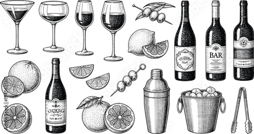 Vintage bar collection with wine bottles, cocktail glasses, citrus fruits, shaker, and ice bucket in a detailed black and white engraving style illustration.