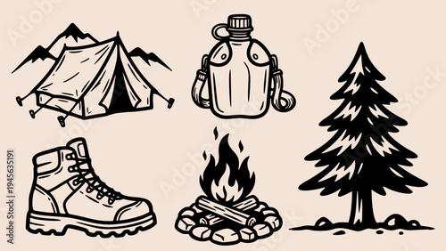 Vintage Hand-Drawn Camping and Hiking Essentials Set with Tent and Campfire
