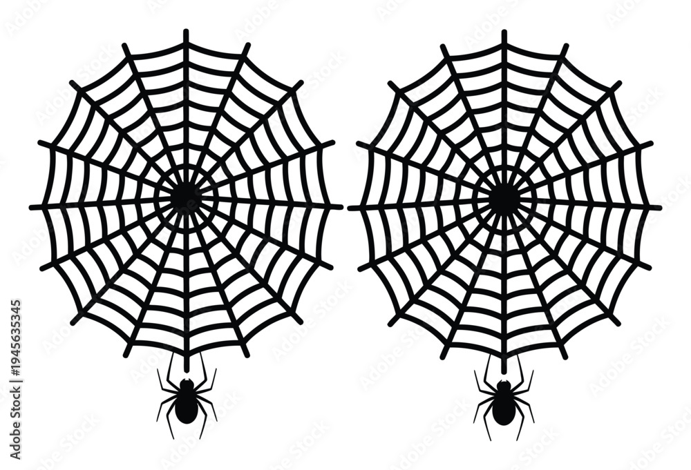 Obraz premium Classic graphic of two black spiderwebs, each with a hanging spider, perfect for Halloween. Evokes a spooky atmosphere, ideal for decorations, eerie designs, or seasonal events