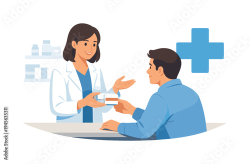 Pharmacist handing medication to a patient at the counter with a blue cross symbol. A friendly pharmacist in a white coat is dispensing a prescription box to a male customer in a