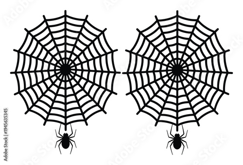 Classic graphic of two black spiderwebs, each with a hanging spider, perfect for Halloween. Evokes a spooky atmosphere, ideal for decorations, eerie designs, or seasonal events