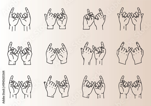 Collection of hand gestures in line art style illustrating various signs