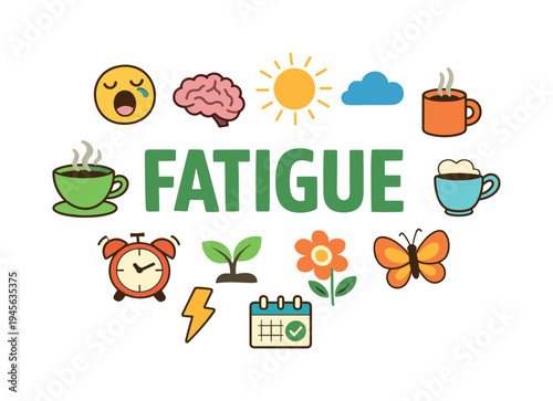 Fatigue concept with icons representing exhaustion, brain fog, and energy boosts. Visual representation of fatigue, featuring a crying emoji, brain, sun, cloud, coffee, alarm clock