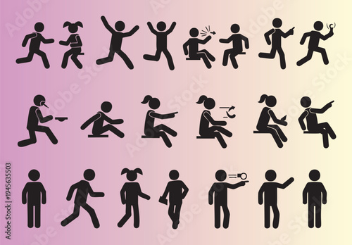 Collection of human activity and movement silhouette icons in various poses