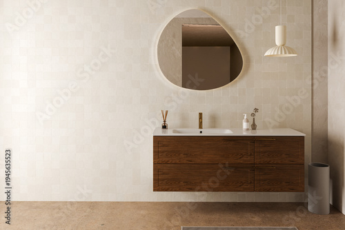Modern bathroom vanity with organic mirror and wooden cabinet