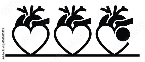 Three stylized hearts with anatomical one with a black circle