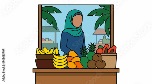 Muslim Woman in Teal Hijab and Blue Dress Stands Behind Fruit Stall Displaying Bananas Mangoes Coconuts and Pineapples with Palm Trees Visible Through Window