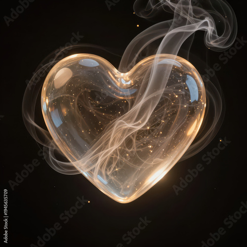 Glowing Heart Icon with Swirling Smoke and Sparkling Particles on Black Background, Digital Art Illustration for Love, Romance or Emotional Concept Design