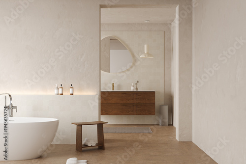 Modern bathroom interior with bathtub vanity and architectural doorway
