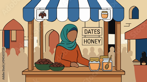 Middle Eastern Woman Selling Dates and Honey at an Outdoor Market Stall Under a Striped Awning