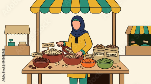 Muslim Woman Selling Grains and Nuts at a Market Stall Outdoors Under a Striped Awning with Various Bowls and Bags of Produce Detailed Illustration