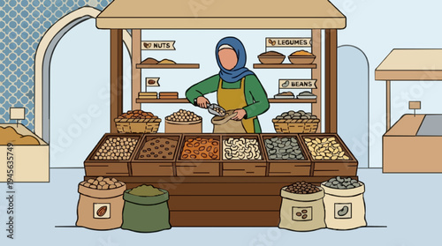 Muslim Woman Vendor Scooping Spices at Market Stall with Assorted Dried Goods and Sacks of Grains