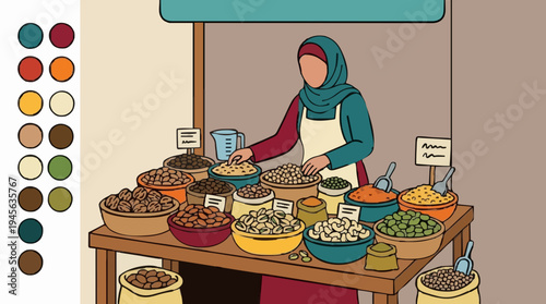Woman in Hijab Arranging Spices at a Market Stall with Various Bowls of Colorful Spices Displayed on a Wooden Table under a Canopy