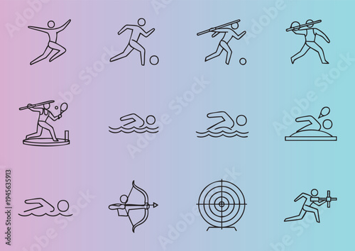 Collection of minimalist sports and activities icons in flat design