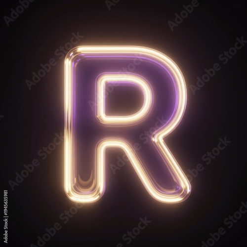 Glowing Neon Letter R Uppercase Isolated on Dark Background with Vibrant Purple and Gold Light Effect for Branding or Design Projects