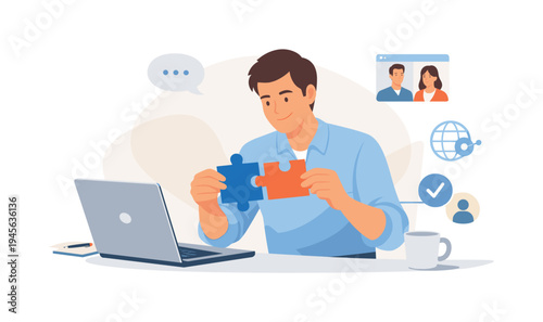 Man connecting puzzle pieces at desk, symbolizing teamwork and remote collaboration. A man is assembling puzzle pieces while working on a laptop, with icons representing