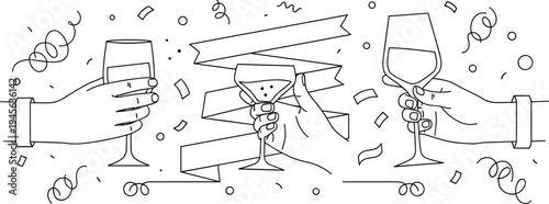 Hands holding wine and champagne glasses in a celebratory toast with festive confetti, ribbons, and party decorations in a minimalist line art style.