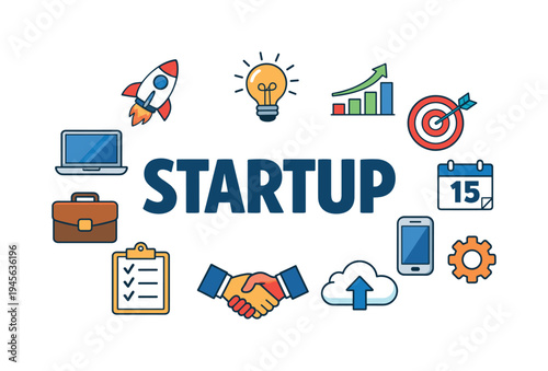 Startup concept with icons representing business growth, innovation, and success. A collection of flat design icons symbolizing key elements of launching a new business venture