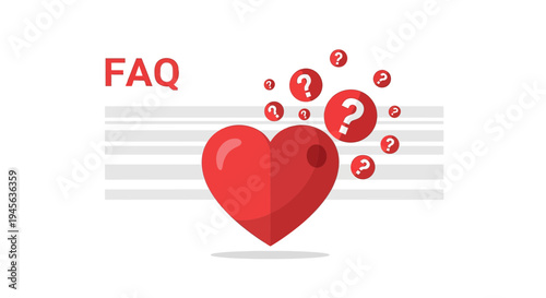 Red Heart Icon with Question Marks and FAQ Text - Frequently Asked Questions Concept