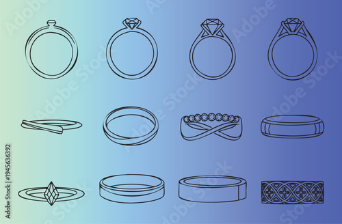 Collection of various engagement and wedding rings illustration set