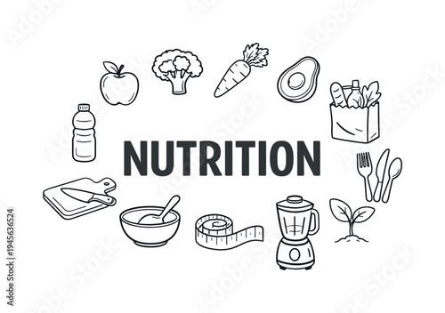 Nutrition concept with healthy food and kitchen items in a doodle style. A collection of hand-drawn icons representing healthy eating, cooking, and wellness, centered around the