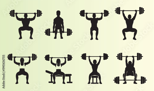 Collection of weightlifting exercises with barbells in silhouette style