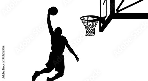 Silhouette of Basketball Player Dunking with Ball in Mid-Air.