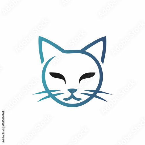 Minimalist line art illustration of a serene feline head, featuring graceful contours and a calming gradient of blue and teal hues, perfect for a modern pet-related brand or design element