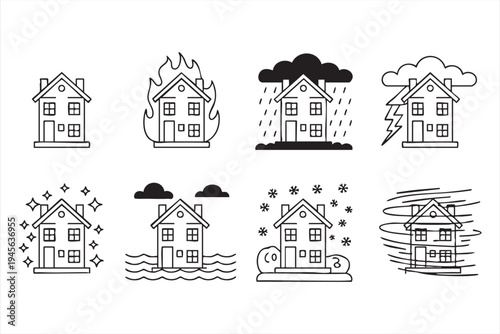 Home insurance line icon collection for climate risk and property protection design