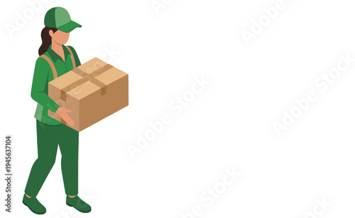 荷物を運ぶ配達員・作業員のアイソメトリックイラスト（物流・配送・引っ越し）、グリーン系