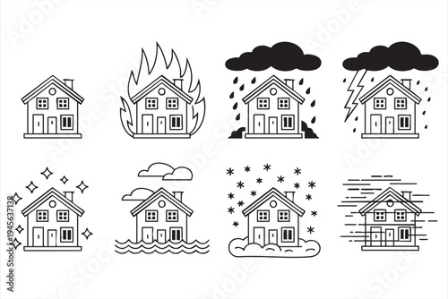 Property protection outline icons for home insurance and climate awareness graphics