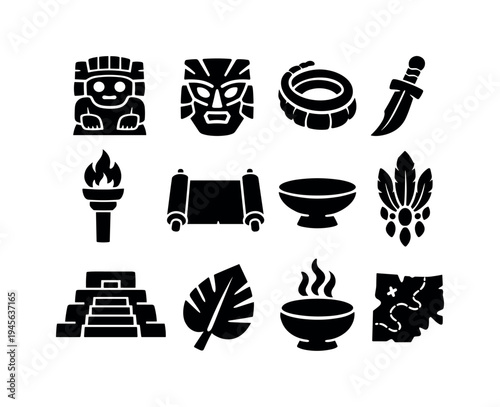 Ancient civilization icons: Mayan artifacts, Aztec symbols, and cultural elements. Collection of black glyphs representing ancient Mesoamerican culture, including masks, pyramids