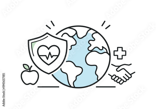 World Health Day highlighting the importance of maintaining healthy lifestyles and protecting public health worldwide, a globe with a protective shield and heart symbolizing prevention