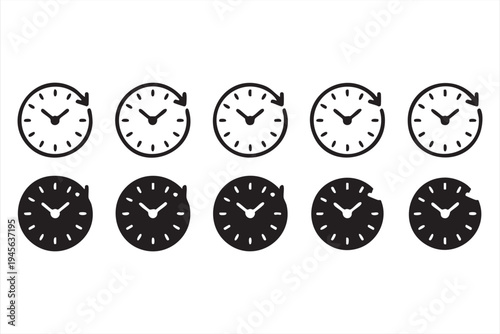 Black and white timer and schedule icon collection for business interface design