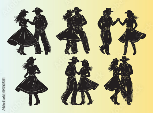 Cowboy and cowgirl dancing in western outfits illustration set