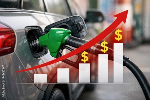 Fuel nozzle inserted into a car's gas tank at a station, rising graph overlay shows increasing fuel price,